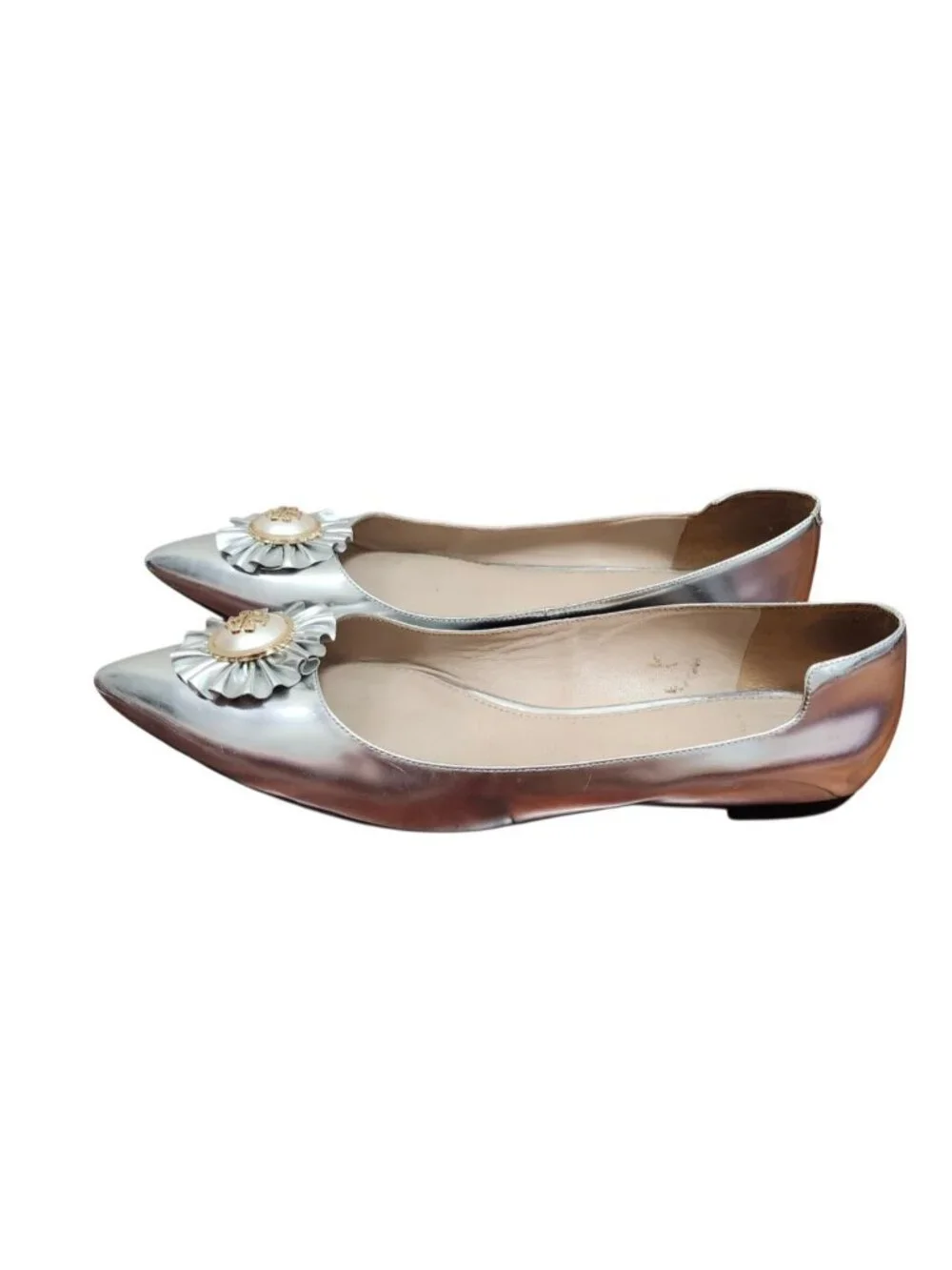 Tory Burch Silver Metallic Leather Pointed Toe Logo Ballet Flats Women's 10.5M